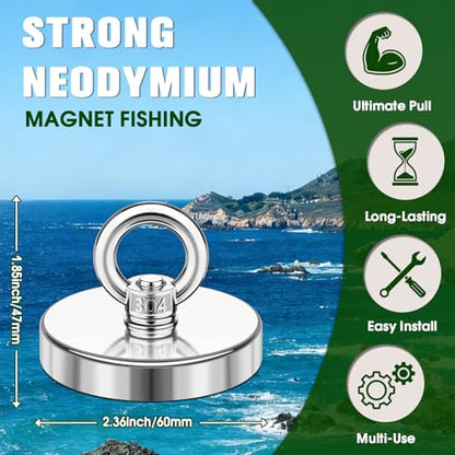 Neodymium Fishing Magnet, 500 lbs Strong Magnet Fishing, Magnetic Fishing Magnets, Rare Earth Magnet with Countersunk Hole Eyebolt for Retrieving Items in Lake, Beach, Lawn 2.36’’(60mm) - size: 2.36IN-External Thread