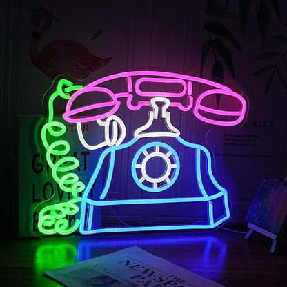 Telephone Neon Sign Retro Phone Light Up Sign Dimmable Landline Neon Light Colorful Phone LED Sign for Bedroom Office Bar Shopping Center School - style: Telephone
