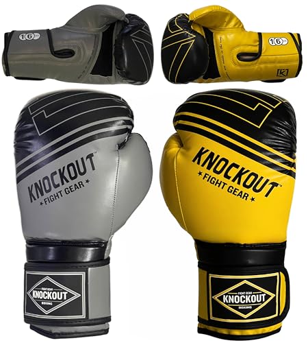 Boxing Gloves & Muay Thai Shin Guards for Men and Women, MMA Kickboxing Shin Pads Set, Adjustable Shin Guards with Instep Protection, Sparring & Martial Arts Training Gear - color: Gray-Yellow, size: 14 oz