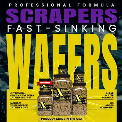 Xtreme Scrapers Wafers - Premium 14mm Fast-Sinking Fish Food – Nutrient & Cellulose Rich Ideal for Nocturnal Feeders, Catfish, Plecostomus Species, and Loaches – USA Farm Grown (9oz) - size: 9 Ounce (Pack of 1)