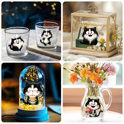 Peacoblue 18 Sheets Rub on Transfers for Crafts, Cute Black and White Cat 3.6"x3.9" UV DTF Cup Wraps Waterproof Rub on Cold Transfers Stickers for Wood Glass Metal Cup Tumblers Mirrors Mugs Decor - style: Cute Black and White Cat