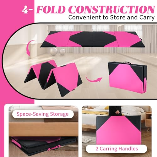 4'x10'x2" 4-Panel Folding Gymnastics Mat, 2-Inch Thick PU Leather Tumbling Mat with Carrying Handles for Exercise, Yoga, Cheerleading, Martial Arts & Home Workouts - color: PB