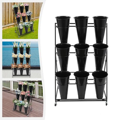 Flower Display Stand with 9 Buckets, 3 Layers, Indoor/Outdoor Flower Shelf for Patio, Living Room, Florist, Black - style: 3 Layers 9 Buckets Black