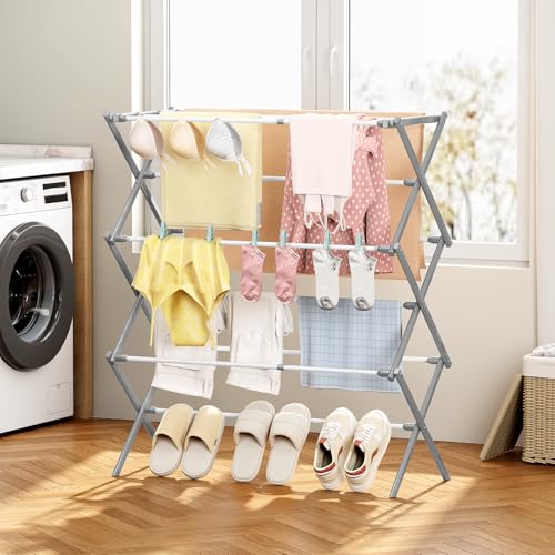 KINGBOARD 3-Tier Extendable Clothes Drying Rack, Foldable, White & Grey | 37.4"H x 33.8"W x 11.2"D, Space-Saving Collapsible, Easy Assembly, Rust-Resistant Iron Frame, Indoor Outdoor Use, 25lb - color: White&grey