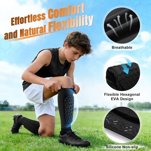 2 Pack Soccer Shin Guards Shin Defender for Kids Youth,XZQTIVE Soccer Shin Pads Shin Guard Sleeve with Honeycomb Padding,High Impact Resistant Compression - color: Black, size: X-Large
