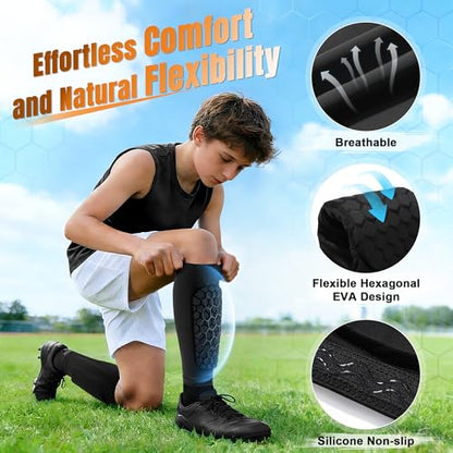 2 Pack Soccer Shin Guards Shin Defender for Kids Youth,XZQTIVE Soccer Shin Pads Shin Guard Sleeve with Honeycomb Padding,High Impact Resistant Compression - color: Black, size: Medium