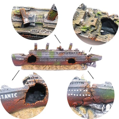 Titanic Aquarium Boat Shipwreck Sunken Pirate Ship Resin Fish Tank Decorations Aircraft Carrier for Betta, Middle Size - size: Medium