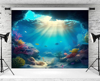 7x5ft Under The Sea Backdrop Underwater Blue Ocean Fish Coral Photography Background Kids Birthday Baby Shower Party Banner Cake Table Decorations Supplies Photo Booth Props - size: 7x5ft
