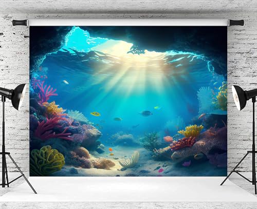10x8ft Under The Sea Backdrop Underwater Blue Ocean Fish Coral Photography Background Kids Birthday Baby Shower Party Banner Cake Table Decorations Supplies Photo Booth Props - size: 10x8ft