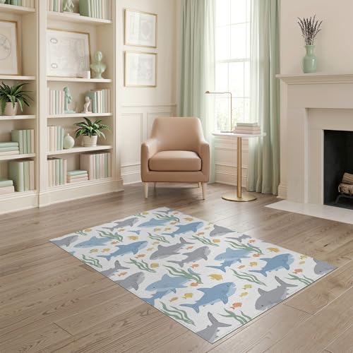 4'x6' Washable Kawaii Shark Accent Rug, Grey Non-Shedding Small Carpet for Playroom, Bedroom, Reading Nook, Pet Friendly & Kids Safe Play Mat | Ref:2067797 - color: Blue/Pattern 24, size: 4' x 6' (Rectangular)