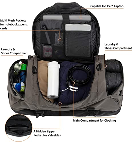 Ubon Convertible Duffel Backpack Weekender Gym Bag with Shoe Compartment - color: Grey, size: 65L