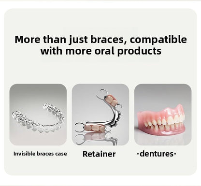 Cute Retainer Cleaner Case with Strainer & Spinning Basket - 3-Layer Orthodontic Denture Bath Box for Aligners/Mouth Guard - Portable Travel Soaking Cup with Removal Tool Storage (Cream/Puppy Design)