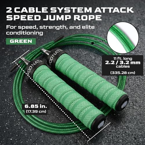 WOD Nation Attack Speed Jump Rope Adjustable Dual-Cable Skipping Rope for Men, Speed & Weighted Options, Fast Fold-Over Adjustment Durable Adult Boxing Rope for Fitness, Cardio Home Gym & Cross Training - color: Green