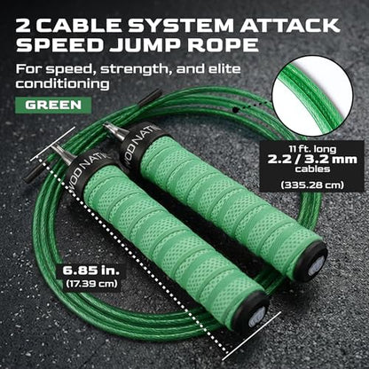 WOD Nation Attack Speed Jump Rope Adjustable Dual-Cable Skipping Rope for Men, Speed & Weighted Options, Fast Fold-Over Adjustment Durable Adult Boxing Rope for Fitness, Cardio Home Gym & Cross Training - color: Green