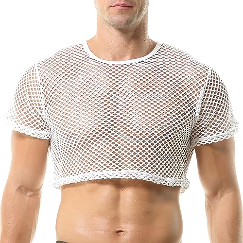Men's Fishnet Shirts Mesh Crop Top See Through Round Neck Short Sleeve Sexy Muscle Tee for Men Daily - color: White, size: Large