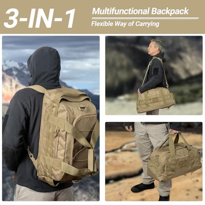 Hannibal Tactical 35L Large Duffle Bag, 3-in-1 Tactical Backpack MOLLE Pack for Sports/Gym/Outdoor, Coyote - color: Coyote