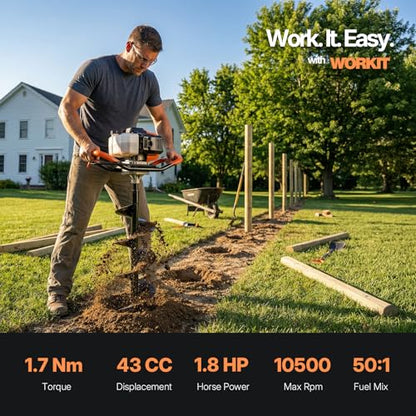 WORKIT 43CC Post Hole Digger, Auger Post Hole Digger Easy Start, 2-Cycle Xtreme Engine, Gas Powered Earth Auger with 8" Auger Drill Bit, 20" Extension Rods, EPA Certification, for Farmland, Garden