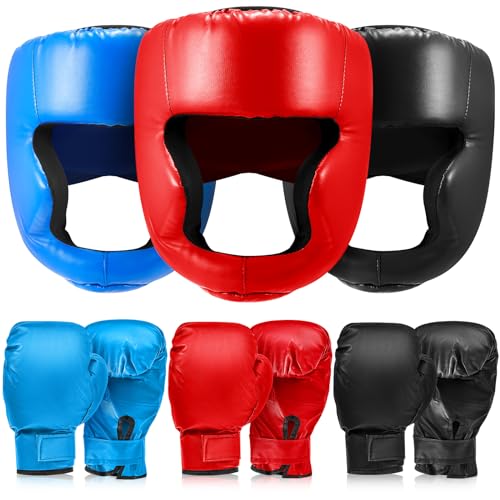 Kanayu 3 Pcs Boxing Headgears 3 Pair Gloves Set - color: Black, Blue, Red