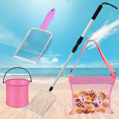4pcs Shelling Scooper Tools for Beach, Adjustable Shark Tooth Sand Sifter with Mesh Shell Collecting Bag Foldable Beach Bucket Beach Scoop Shovel Toys for Adults Kids Picking Seashell Rock Hunting(P) - color: Pink