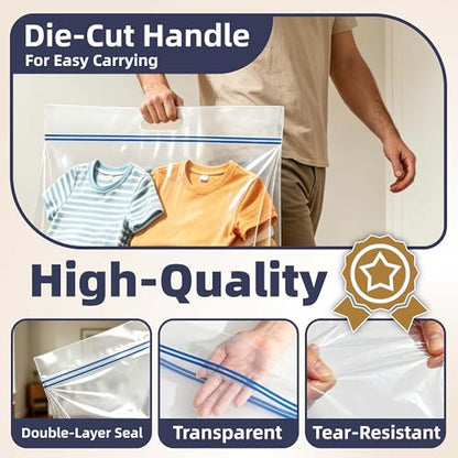 25 Gallon Large Storage Bags, 4 Mil Thick Clear Heavy Duty Plastic Bags with Zipper and Handles, 10 Pack 24"x35" for Clothing, Pillows, Moving and Travel - size: 10 Jumbo