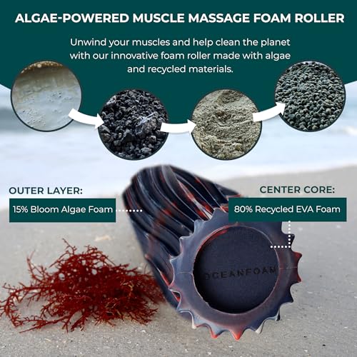 Oceanfoam Ripple Travel Foam Roller (11" x 3.35") Firm Mini Foam Roller for Physical Therapy, Deep Tissue Massage, Back Pain - High Density, Wave Textured - Yoga (Red, Dark Navy & Natural Marbled) - color: Red, Dark Navy & Natural Marbled