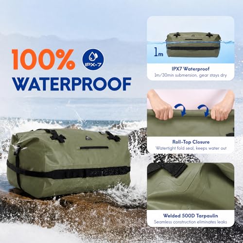 Haimont IPX7 Waterproof Roll-Top Dry Duffel Backpack Bag - color: Army Green, size: 60L