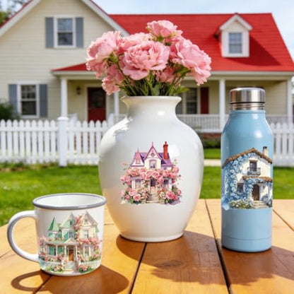 Peacoblue 18 Sheets Rub on Transfers for Crafts, Beautiful House with Flowers 3.6"x3.9" UV DTF Cup Wraps Waterproof Cold Transfers Stickers for Wood Glass Metal Cup Tumblers Mirrors Mugs Home Decor - style: Beautiful House with Flowers