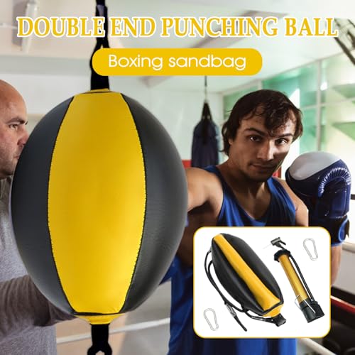 Double End Bag PU Leather Boxing Punching Bag | Includes Carabiners, Needle, Air Pump, Boxing Equipment Enhances Reaction, and Hand Eye Coordination Training - color: Yellow