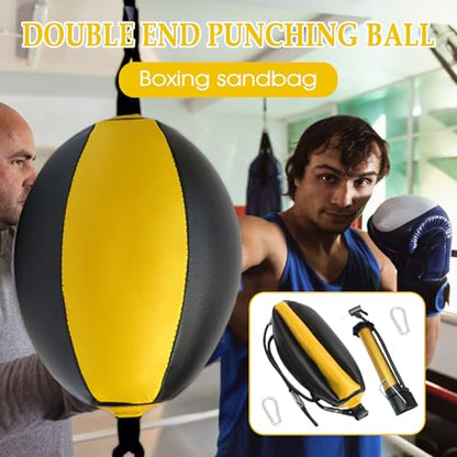 Double End Bag PU Leather Boxing Punching Bag | Includes Carabiners, Needle, Air Pump, Boxing Equipment Enhances Reaction, and Hand Eye Coordination Training - color: Yellow