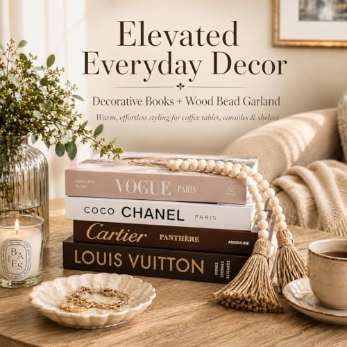 Modern Farmhouse Coffee Table Decor Set | 4 Faux Decorative Books + 58" Wood Bead Garland with Tassels | Styling Bundle for Living Room, Shelf, Tray, Housewarming Gift