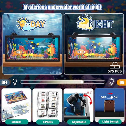 AKWME 8 in 1 Fish Tank Building Sets, Marine Aquarium Building Block with LED Light Party Favors 9 Model Toy Including Octopus Crab, Christmas Birthday Gifts for Boys Girls Kids Ages 6 8 10 12+