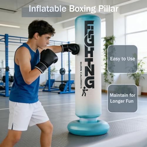 Inflatable Boxing Pillar - Punching Bag for Adults & Kids,Tall Larger 59.1 Inch Stable Boxing Bag for Teens, Fast Inflation Deflation Design, Water Filled Base, Easy Inflate Valve - color: blue