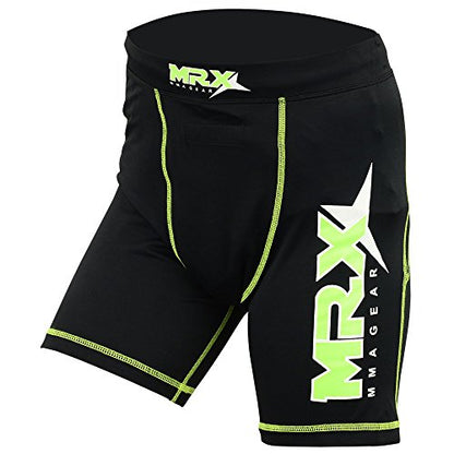 New Mrx MMA Compression Shorts with stabilize Cup Sports Short Martial Arts, Kick Boxing, Black-Green - size: Large