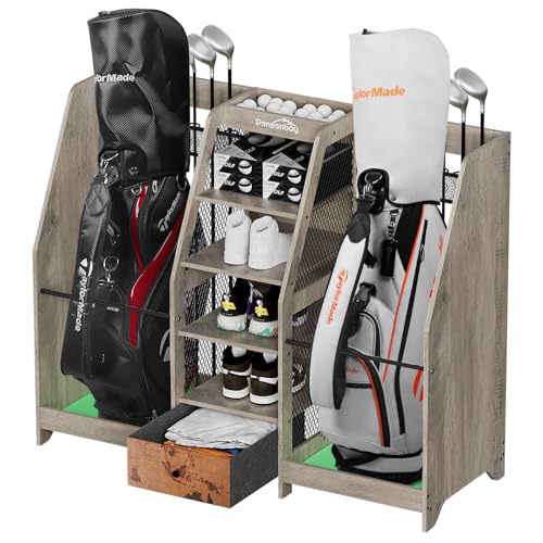 Golf Bag Storage Organizer Holds 2 Golf Bags for Garage - Wooden Rack - color: Grey