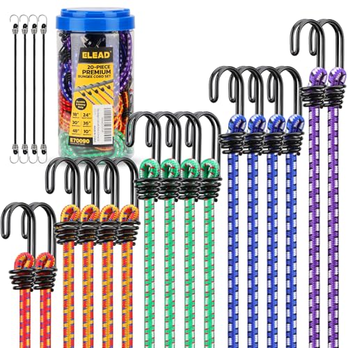 Bungee Cords Heavy Duty Outdoor: 20 Pcs Premium Rubber Bungee Cords with Hooks in a Storage Jar Includes 10", 18", 24", 30", 36", 48" Bungee Cord for Camping, Tent, Fastening Items - size: 20-Piece