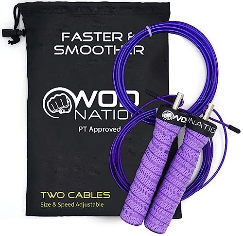 WOD Nation Attack Speed Jump Rope : Adjustable Jumping Ropes : Unique Two Cable Skipping Workout System : One Thick and One Light 11 Foot Cable : Perfect for Double Unders : Men and Women - color: Purple