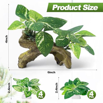 9 Pcs Fish Tank Decor，Silk Aquarium Plants Green Silk Leaf pad Hammock Artifical Driftwood cave Betta Fish Tank Accessories 6 x 3 x 4 inches(LxWxH) - size: 9 Pcs Silk Aquarium Plants（Style B）