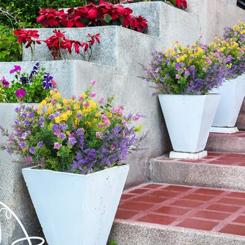 Hananona 12 Pcs Artificial Flowers Outdoor, Faux Artificial Plants UV Resistant Plastic Flower Bulk for Hanging Planter Porch Window Home Wedding Fall Summer Decor (12, Fuchsia, Purple, Yellow, Green)