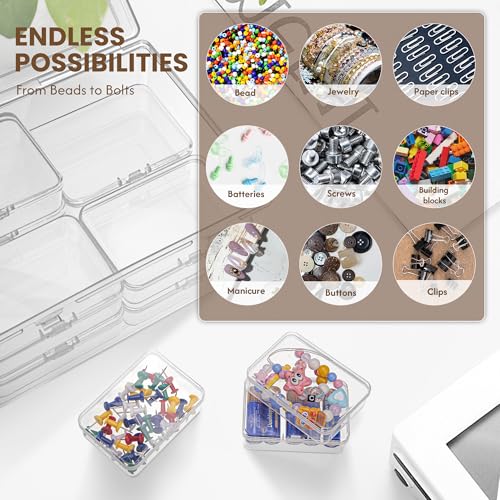 Medium Plastic Organizer Boxes, 12 Clear Containers with Hinged Lids, for Beads, Jewelry, Crafts, Electronics, Hardware, School Supplies (32 Labels)