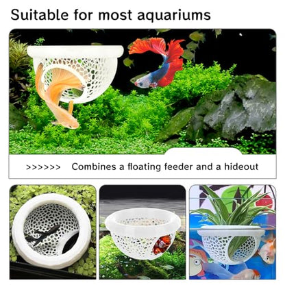 Aquarium Betta Fish Feeding Station, Floating Ring with Cave Hammock, Fish Hide Decoration, White