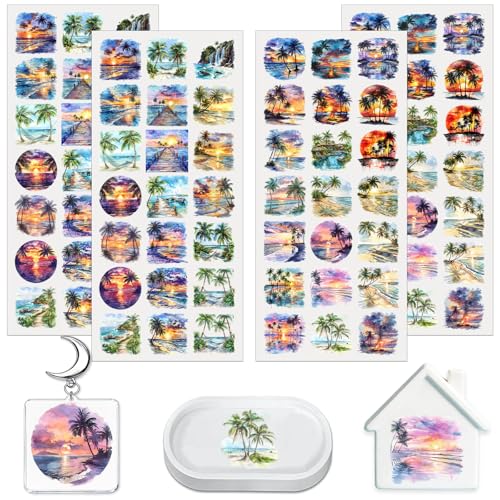 84 PCS UV DTF Stickers, Summer Tropical Beach Mini Rub on Transfer for Keychains and Libbey Glass, Permanent DIY Decals for Candles, Notebooks and Flower Pots