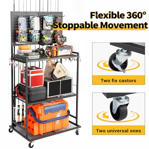 Large Size Fishing Rod Holders for Garage, 3-Tier Fishing Pole Rack with Pegboard and Hooks, Fishing Gear Tackle Box Organizer Up to 12 Rods, Rolling Fishing Storage Cart with Lockable Wheels