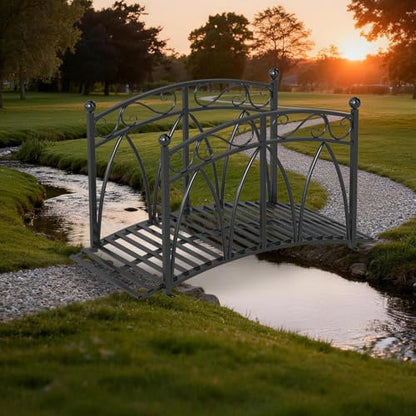 4 Ft Garden Bridge - Metal Footbridge for Outdoors, Safety Side Rails with Fashionable Patterns, Decorative Garden Arch Walkway for Stream, Creek, Pond, Black