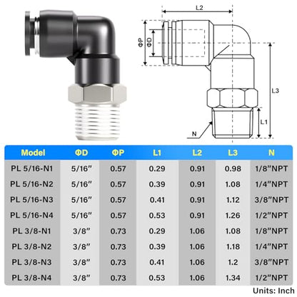 TAILONZ PNEUMATIC Male Elbow 3/8 Inch Tube OD x 1/4 Inch NPT Thread 90 Push to Connect Fittings PL-3/8-N2 (Pack of 10) - size: 3/8'' OD 1/4''MNPT