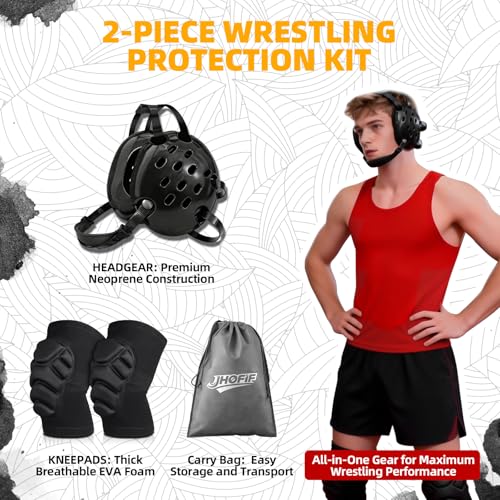 Wrestling Protective Gear Set for Youth & Adults – Adjustable Headgear with Knee Pads, 11 Hole Design for Breathable and Shock-Absorbent, Includes Carry Bag for Convenience - size: Large