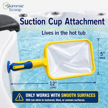 Scoop - Patented Handheld Skimmer with Fine Mesh Net for Spa, Hot Tub, Cold Plunge and Small Pool Cleaning - Lightweight and Durable with Powerful Suction Cup - Clean Out Filter (Yellow)