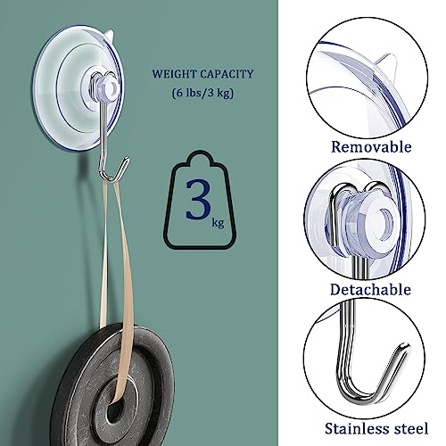 Suction Cup Hooks,6 PCS Clear Suction Cup for Glass Window Decor Shower Bathroom Glass Window Shower Kitchen, Reusable PVC Cups with Removable Stainless Hooks, Assorted (6)
