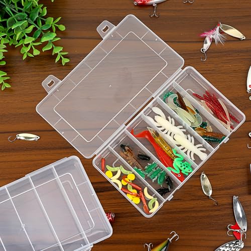 JUXYES 2Pack Plastic Small Fishing Tackle Box Organizer with 6 Compartments, Clear Mini Fishing Tackle Storage Boxes with Dividers, Transparent Fish Pocket Tackle Storage Box Lure Box