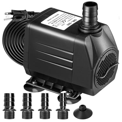 GROWNEER 950GPH Submersible Pump 50W Ultra Quiet Fountain Water Pump 3600L/H, with 9.8ft High Lift, 4 Nozzles for Aquarium, Fish Tank, Pond, Hydroponics, Statuary, Garden, Black (950GPH)