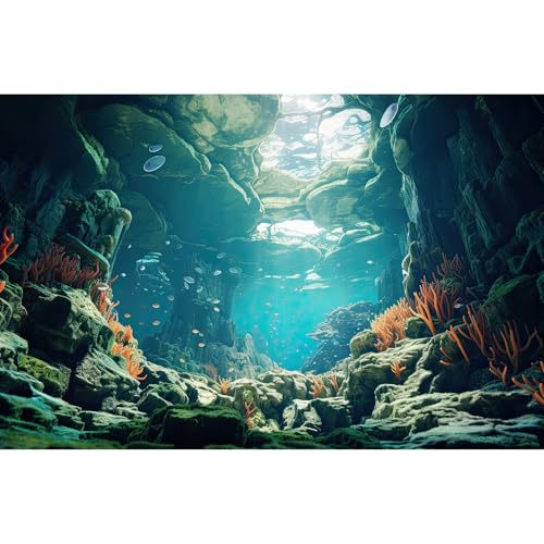 Under The Sea Aquarium Background Colorful Corals and Reef Large Rocks Terrarium Background Tropical Theme Underwater World Fish Tank Background Underwater Rock with Moss Aquarium Backdrop 24x12in - color: Undersea Blue, size: 24(W)x12(H)in